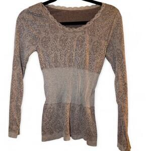 Y2K Paisley Knit Top Lace Trim Fitted Waist Long Sleeve